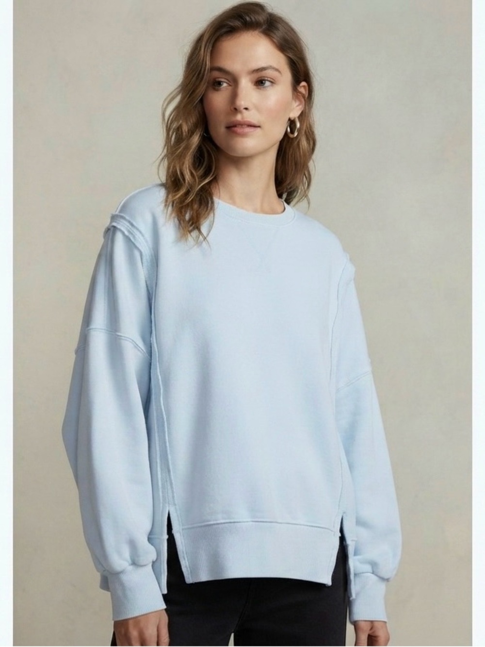 Vinyl Icons Light Blue Oversized Raw Edge Seam Sweatshirt XL